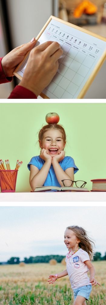 afbeelding boven: persoon maakt weekplanning, afbeelding midden: meisje aan bureau met appel op haar hoofd en potloden, boeken en een bril op het bureau, afbeelding onder: een meisje loopt lachend door een veld