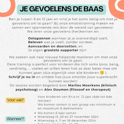 Gratis Training -  Je Gevoelens de Baas (voor kinderen van 9 tot 12 jaar)